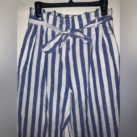 J. Crew‎ factory Linen-cotton paper-bag pant | blue and white striped | size 4 - Picture 5 of 15